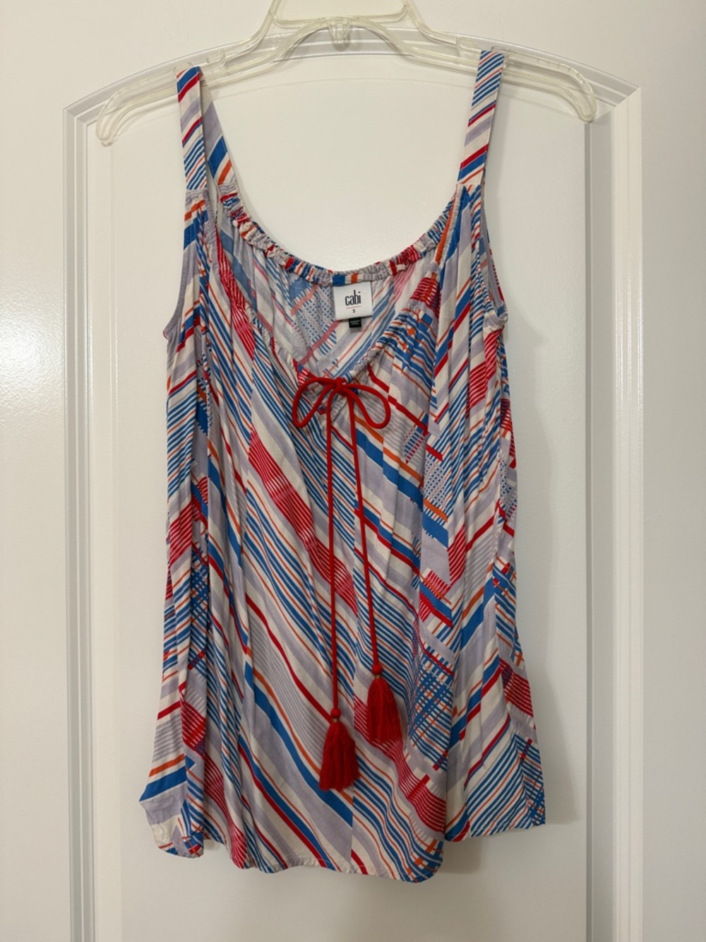 CAbi Red, Blue & White Striped Tassel Camisole Top